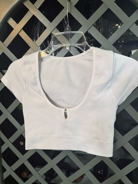 aerie White Ribbed Scoop Neck Crop Top with Front Keyhole
